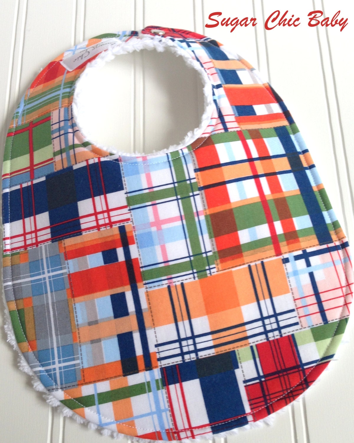 Madras Plaid Baby Bib for Baby Boy Triple Layer Chenille