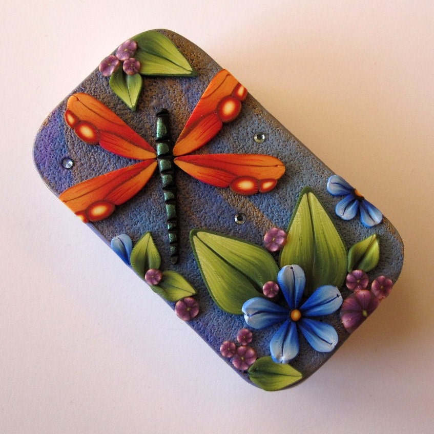 Orange Dragonfly Slide Top Tin Sewing Needle Case