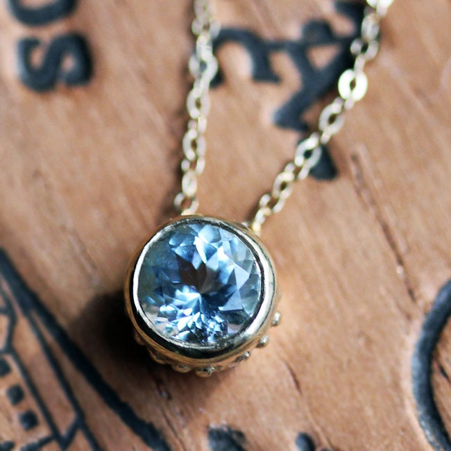 14k yellow gold bezel necklace March birthstone necklace