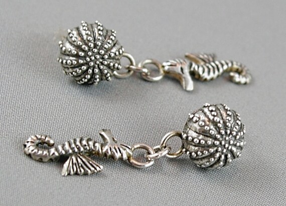Seahorse earrings. Stud earrings with sea urchin. Organic jewelry. Sterling silver