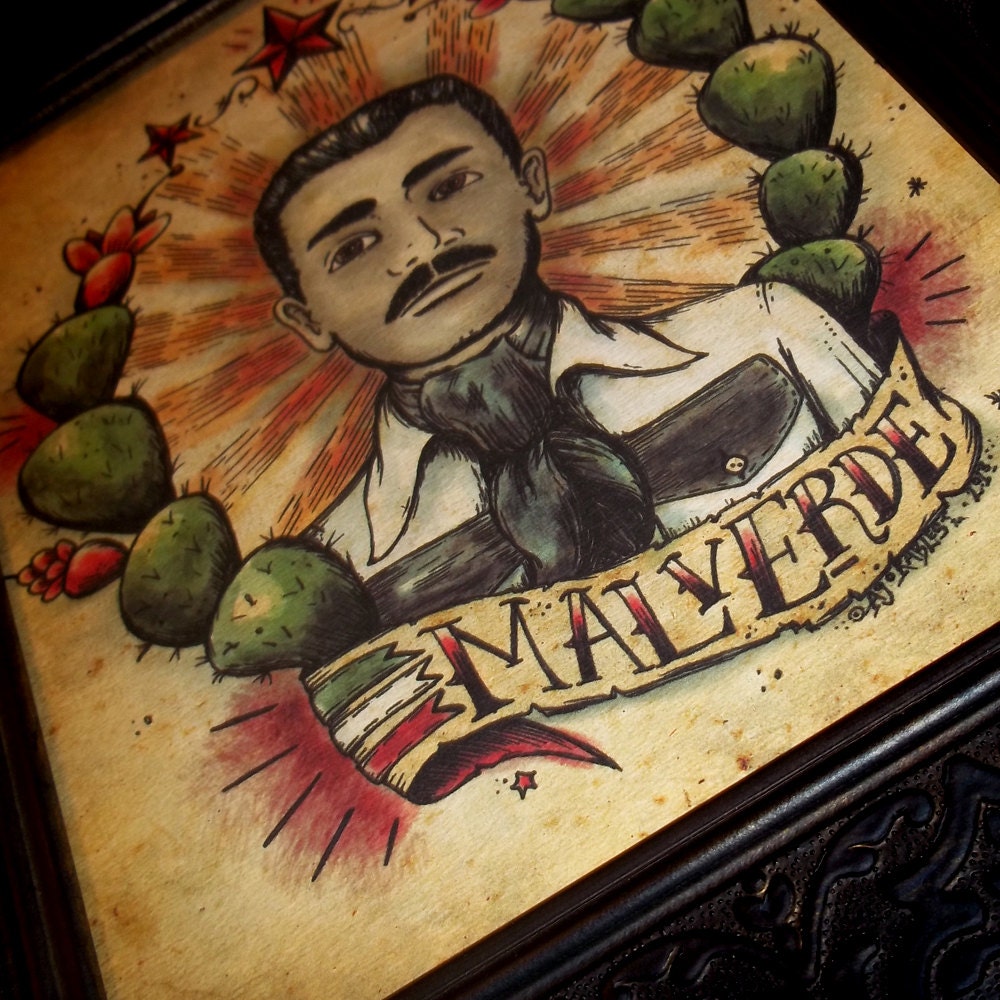 Malverde Mexican Folk Saint in Traditional Tattoo Style Art