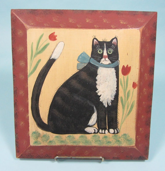 Folk Art Cat Painting Plaque Black and White by madampickay