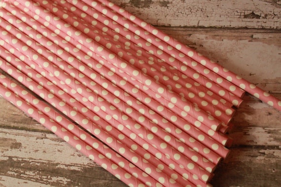 20 Pink Dots Party Straws -- Pink W/ White Polka Dots Paper Drinking Straws Il_570xn