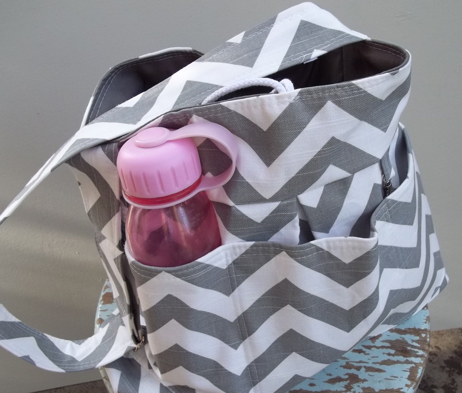 Grey Diaper Bag Chevron 6 Pockets Adjustable Strap by retrofied