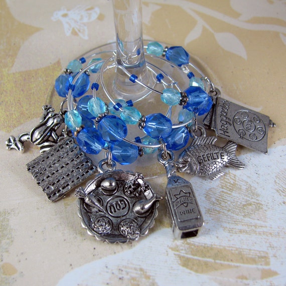 PASSOVER 6 jewish hebrew judaica pewter wine glass charms with blue and aqua czech crystals