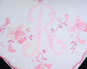R Monogram PINK For Bride or Bridesmaids Hanky Handkerchier Madeira Style