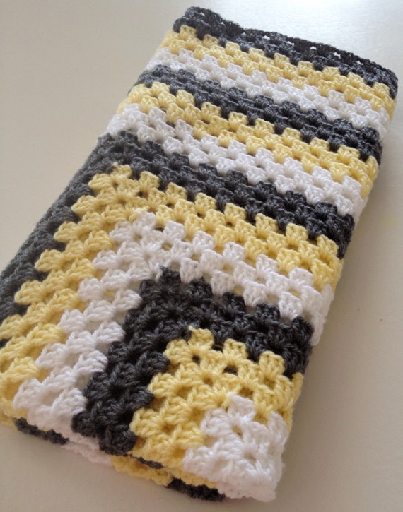 Items similar to Crochet Baby Blanket Yellow, Gray and White Made to