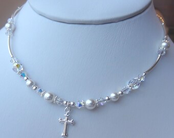 Sterling Silver First Communion Swarovski Crystal Pearls Necklace, Flower Girls, Confirmation, Baptism