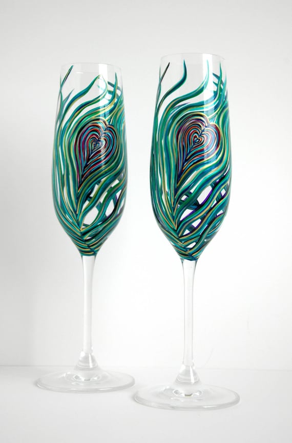 Peacock Heart Feather Champagne Flutes Set of 2 Personalized