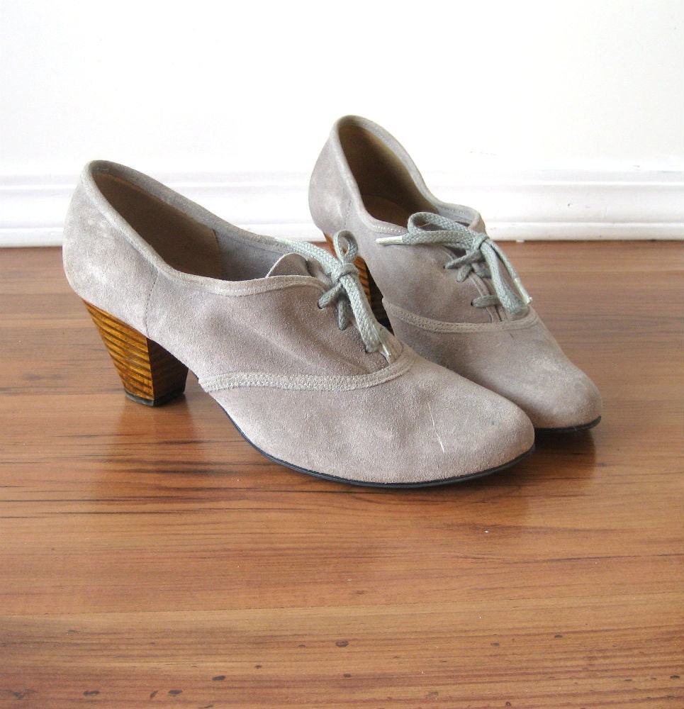 vintage Grey Suede Lace Up Booties / Wood Stacked Heel