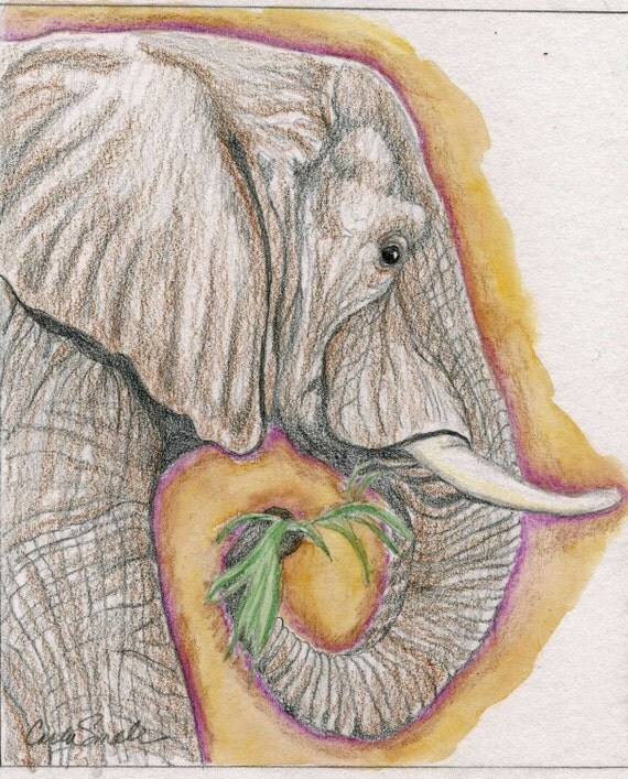 Items similar to Elephant Original Colored Pencil Drawing 