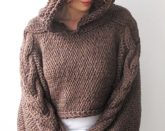 Plus Size Knitting Sweater Brown Capalet with Hoodie - Over Size - Cable Knit by Afra