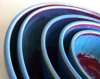 MADE TO ORDER Wheel Thrown Red And Blue Porcelain Nesting Bowls