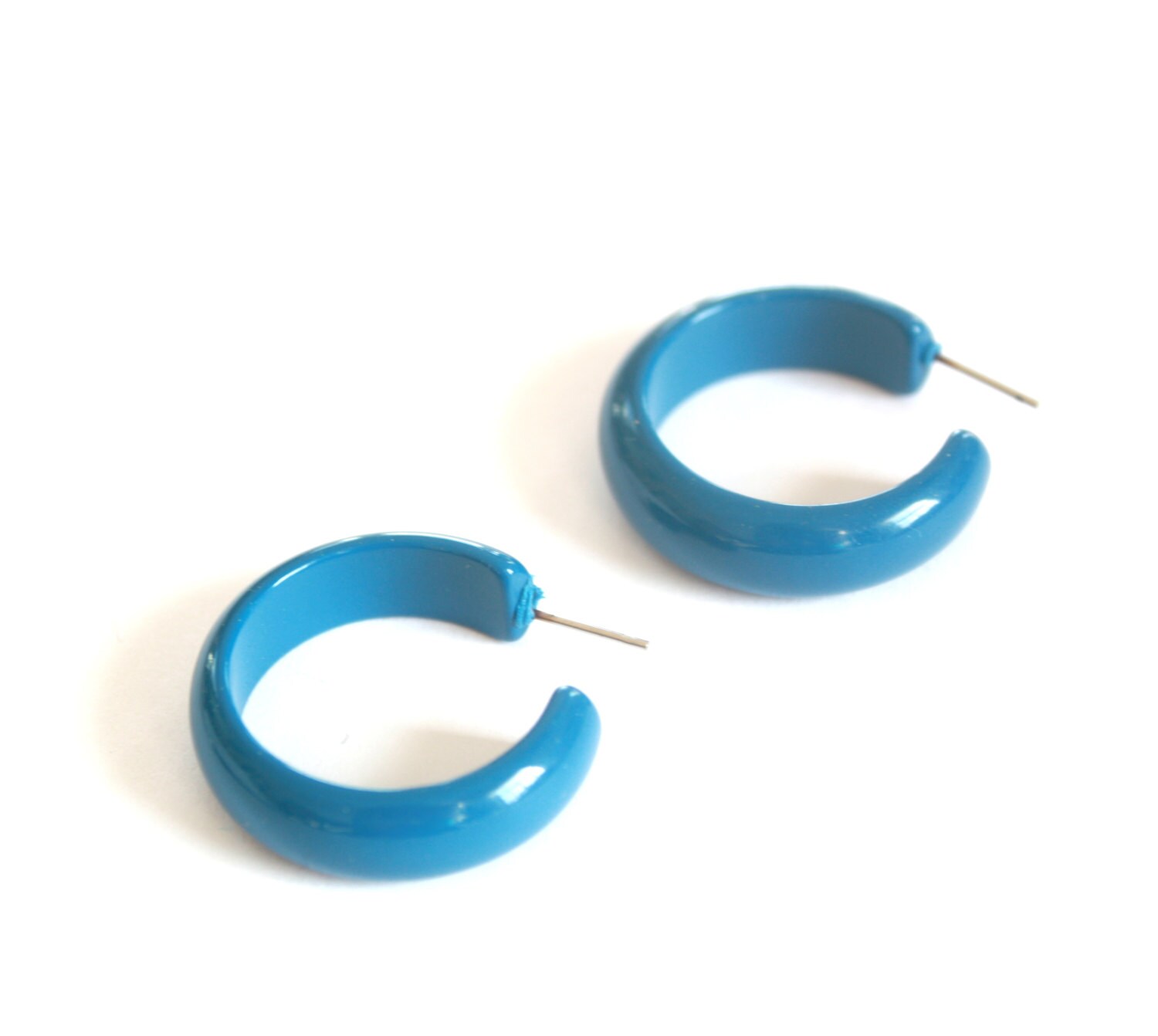 Aqua Blue Hoop Earrings Deep Blue Simple Hoops vintage by Leetie