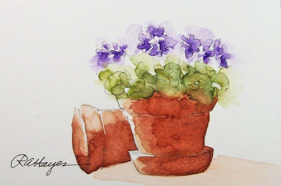 Purple Violets in Terra Cotta Pot Watercolor Painting Floral