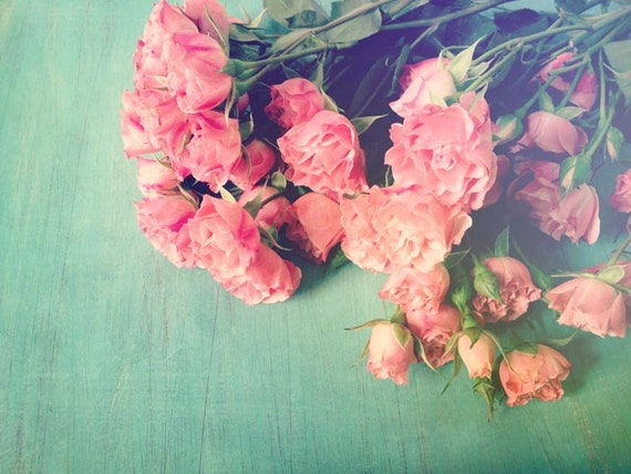 Items similar to Garden Party . roses . pink aqua teal ...