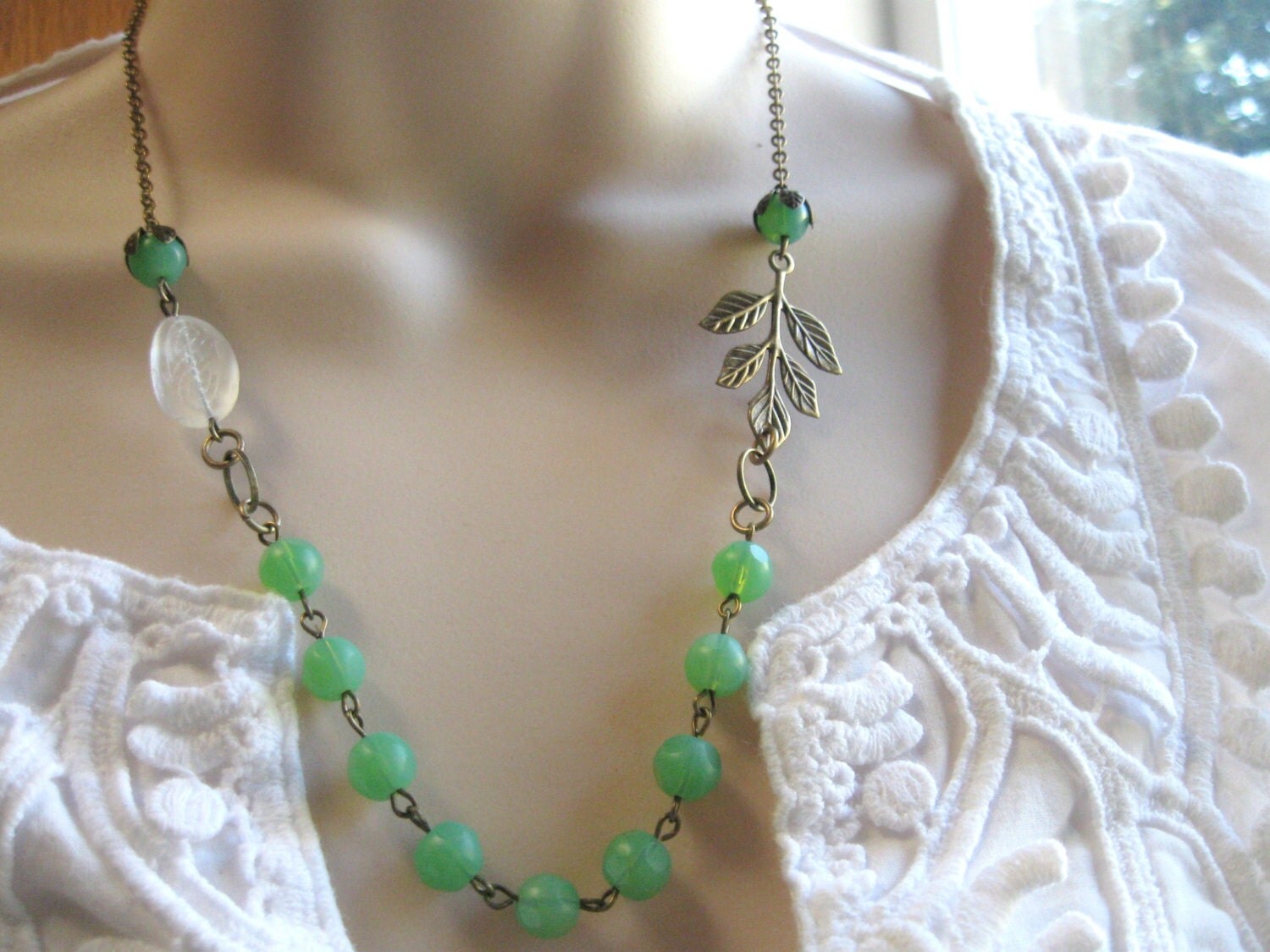 Mint Green Bead Necklace Vintage Style Necklace with Brass