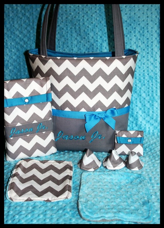Items similar to Personalized Baby Boy Diaper Bag Set~Chevron~Toddler~Stroller~Boutique~Gray and ...