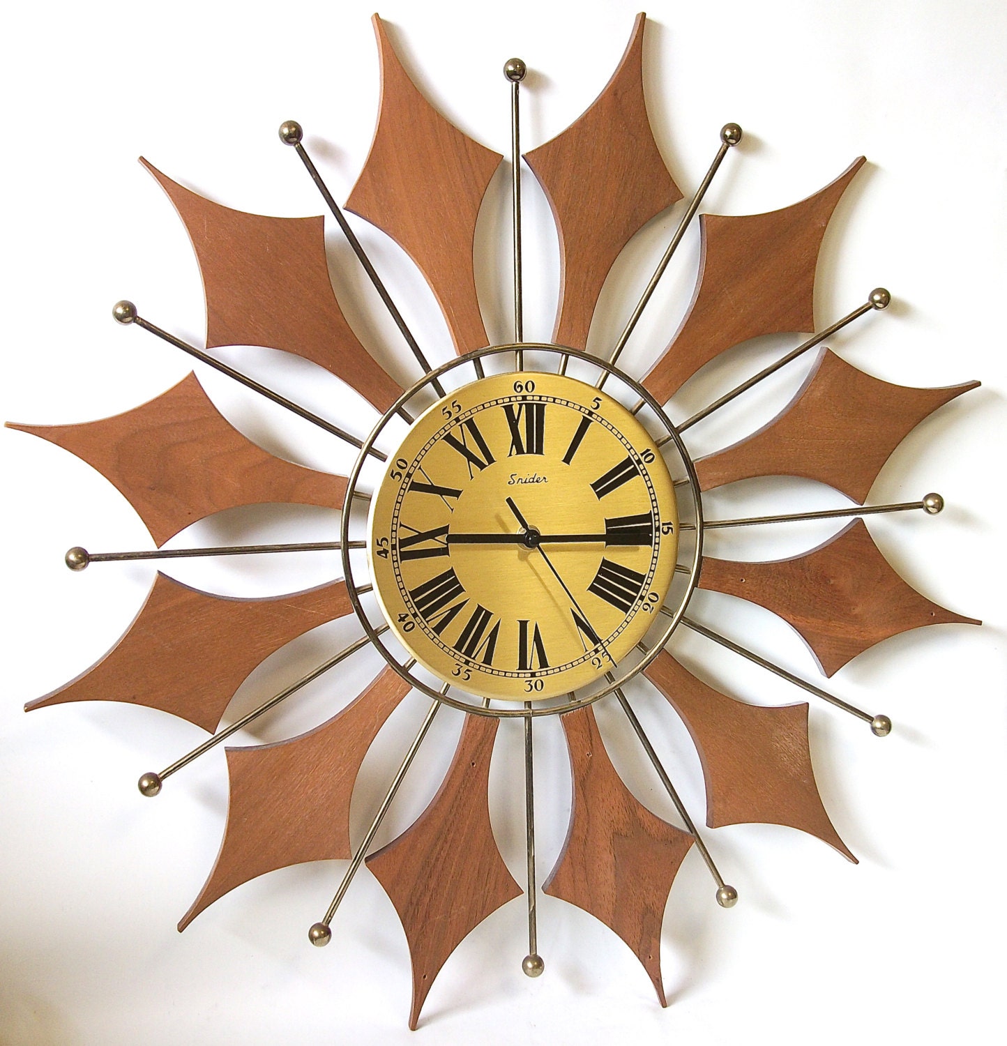 Vintage Starburst Wall Clock Teak Wood Mid Century Sunburst