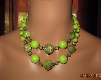 Vintage Lime Green Two Stranded Large Bold Beaded Necklace