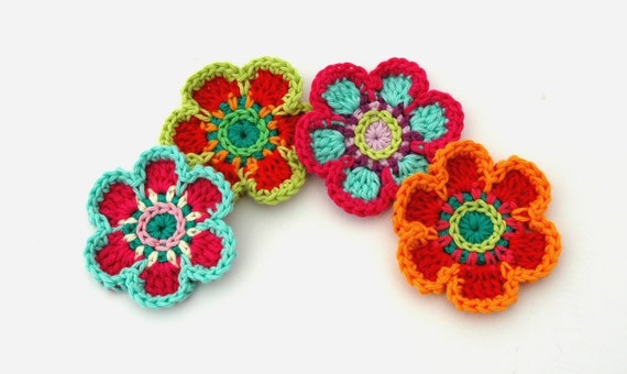 Items similar to Crochet Flower Motifs Orange Lime Red Aqua on Etsy