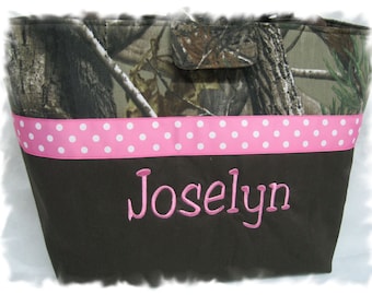 Personalized / Monogrammed Mossy Oak Fabric Camo Diaper Bag in Pink For Girl