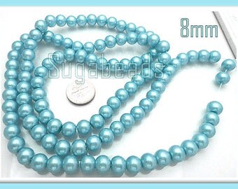 50 Light Blue Round Glass Pearl Beads 8mm (GPLB1)