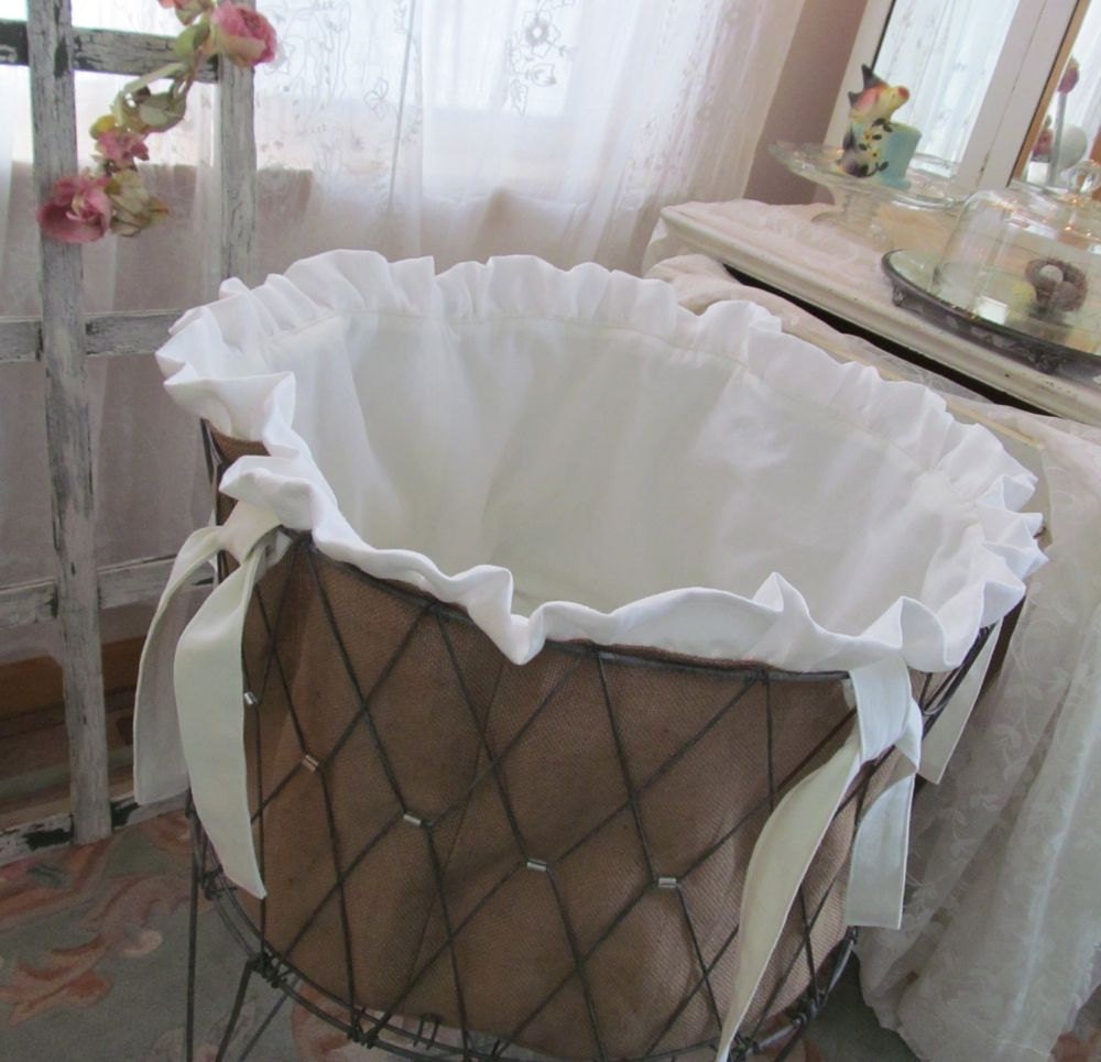 Vintage Wire Laundry Cart Basket Hamper Liner Burlap White