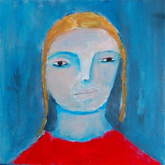 Acrylic Portrait Painting So Blue Girl, Face, Yellow, Blue 6x6 canvas board