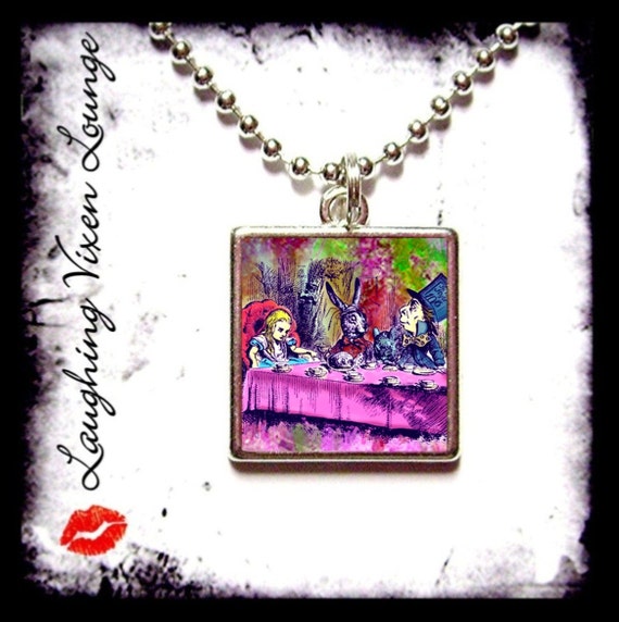 Alice In Wonderland Necklace - Tea Party Pyschedelic Small Pendant - Square Or Round - Alice In Wonderland Jewelry - Mad Hatter Necklace