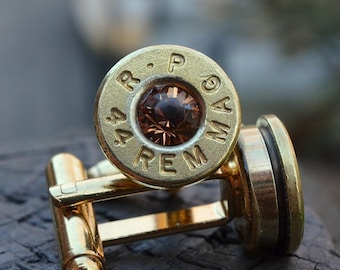 Bullet Shell Cufflinks, brass/gold R-P Remington Peters .44 Magnum Handcrafted Repurposed Bullet Shell Cufflinks with Swarovski crystals