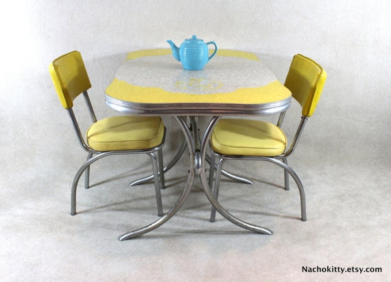 1950s Dinette Yellow & Grey Unique Tabletop Chrome By Barnowlgoods