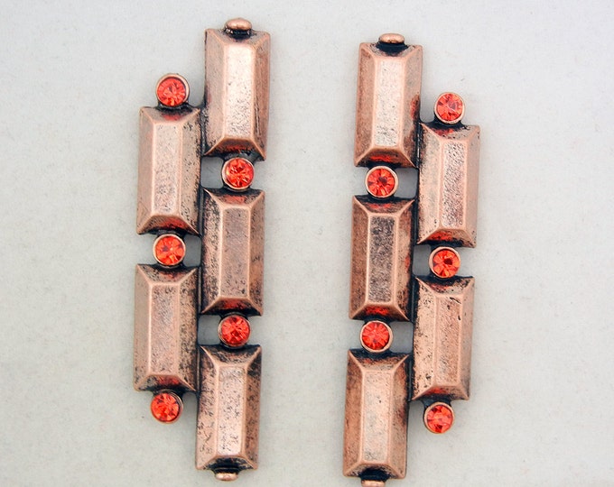 Pair of Antique Copper-tone Abstract Slide Chrms Red Orange Rhinestones