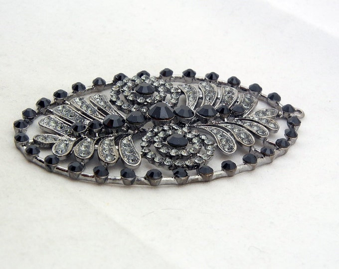 Large Oval Hematite-tone Gray and Black Rhinestones Pendant