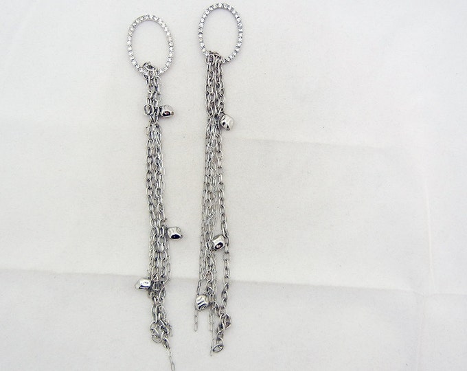 Pair of Rhinestone Ovals with Chains Drop Charms Antique Silver-tone