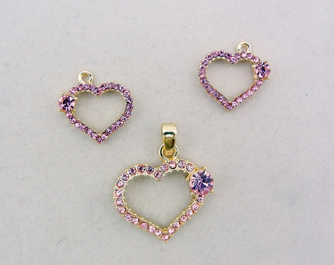 Set of Outline Pink Rhinestone Heart Charms and Pendant Gold-tone