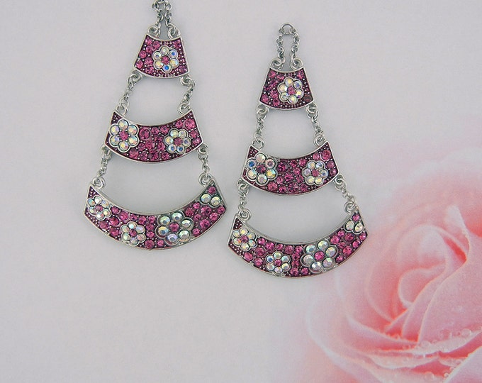 Pair of 3 Tiered Floral Pink and Aurora Borealis Rhinestone Drop Charms Silver-tone