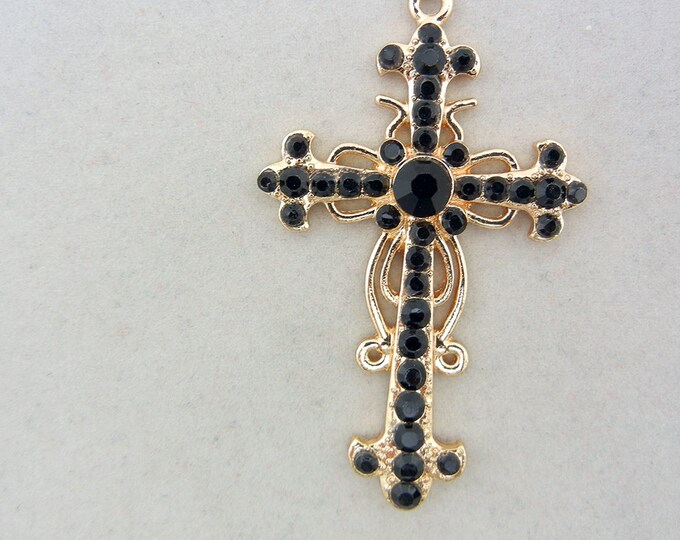 Gold-tone Filigree Cross Pendant Black Rhinestones