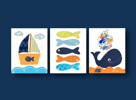 Nautical nursery art whale bathroom art Boat fish orange navy nursery ocean sea nautical bathroom art children's art - Set of 3 prints by GalerieAnais