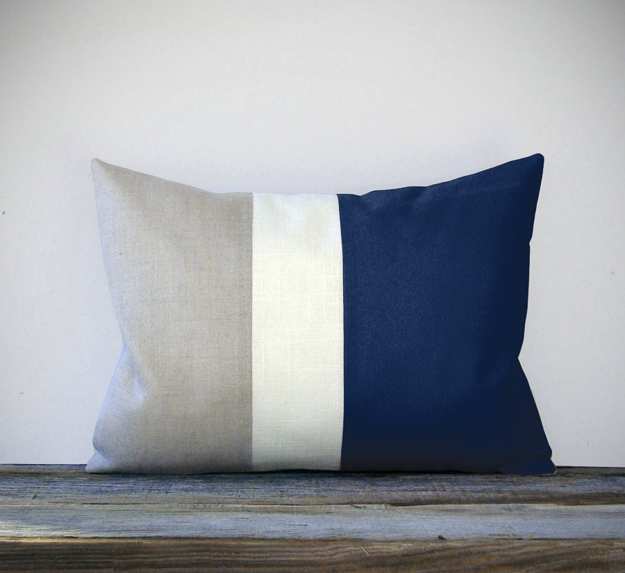 Navy Blue Colorblock Pillow Cover with Cream and Natural Linen