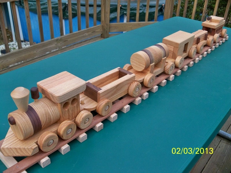 Train Set Wood 6 Car Handmade Toy Large Red Oak & Walnut