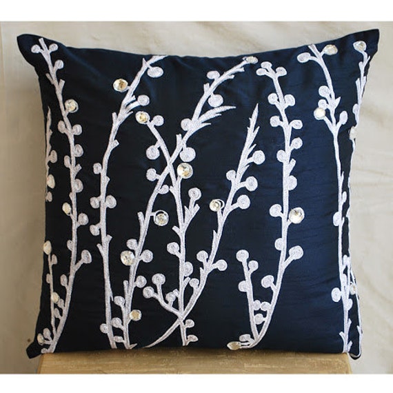 Designer Navy Blue Throw Pillows Cover 16x16 Silk