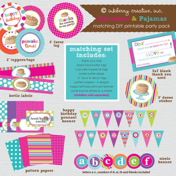 Pancakes & Pajamas Girl (Pink/Aqua/Lime) Birthday Party - DIY/Printable Complete Party Pack Il_570xn