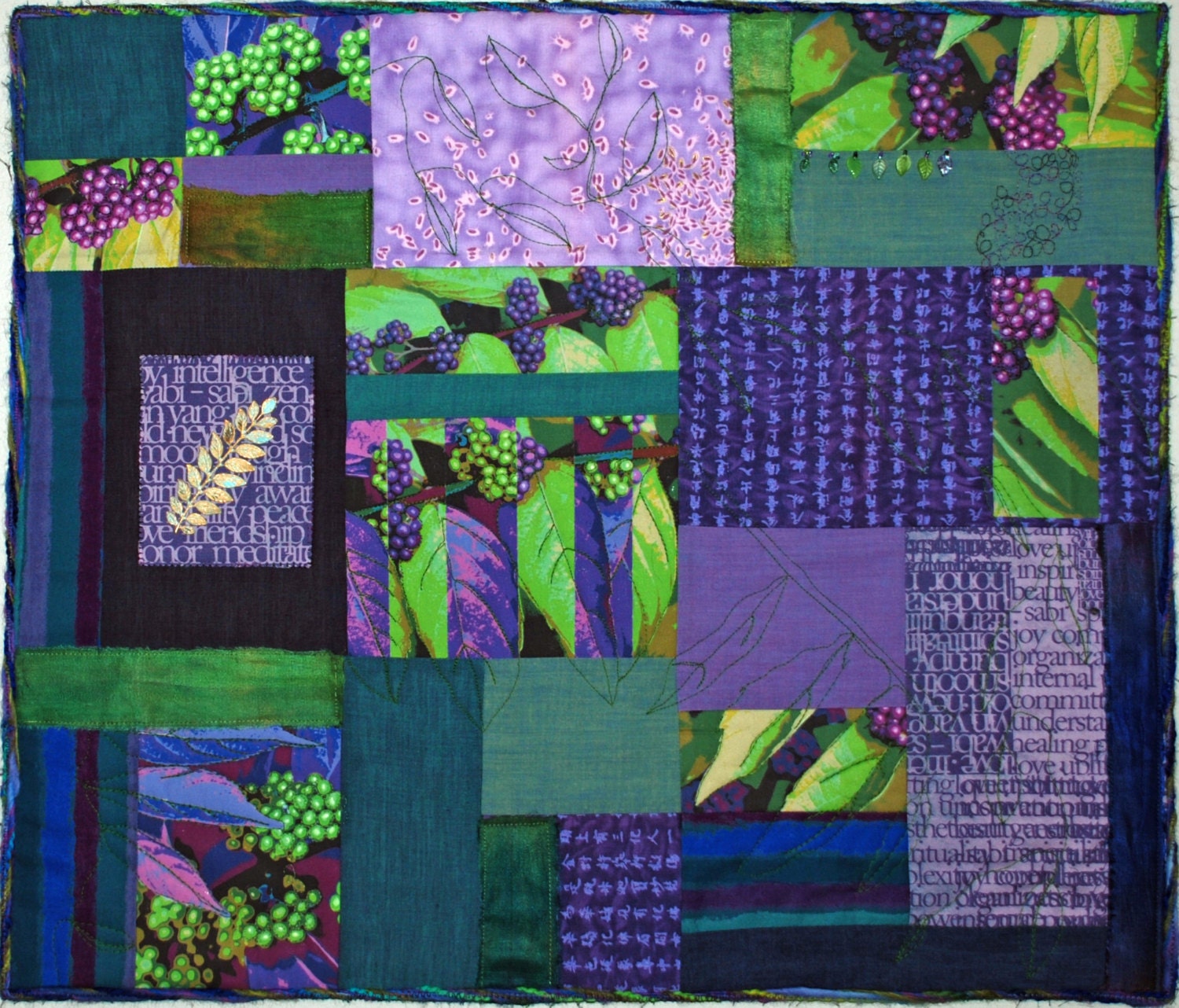 Fiber Art Quilt Greens and Purple Wall Hanging Quilt