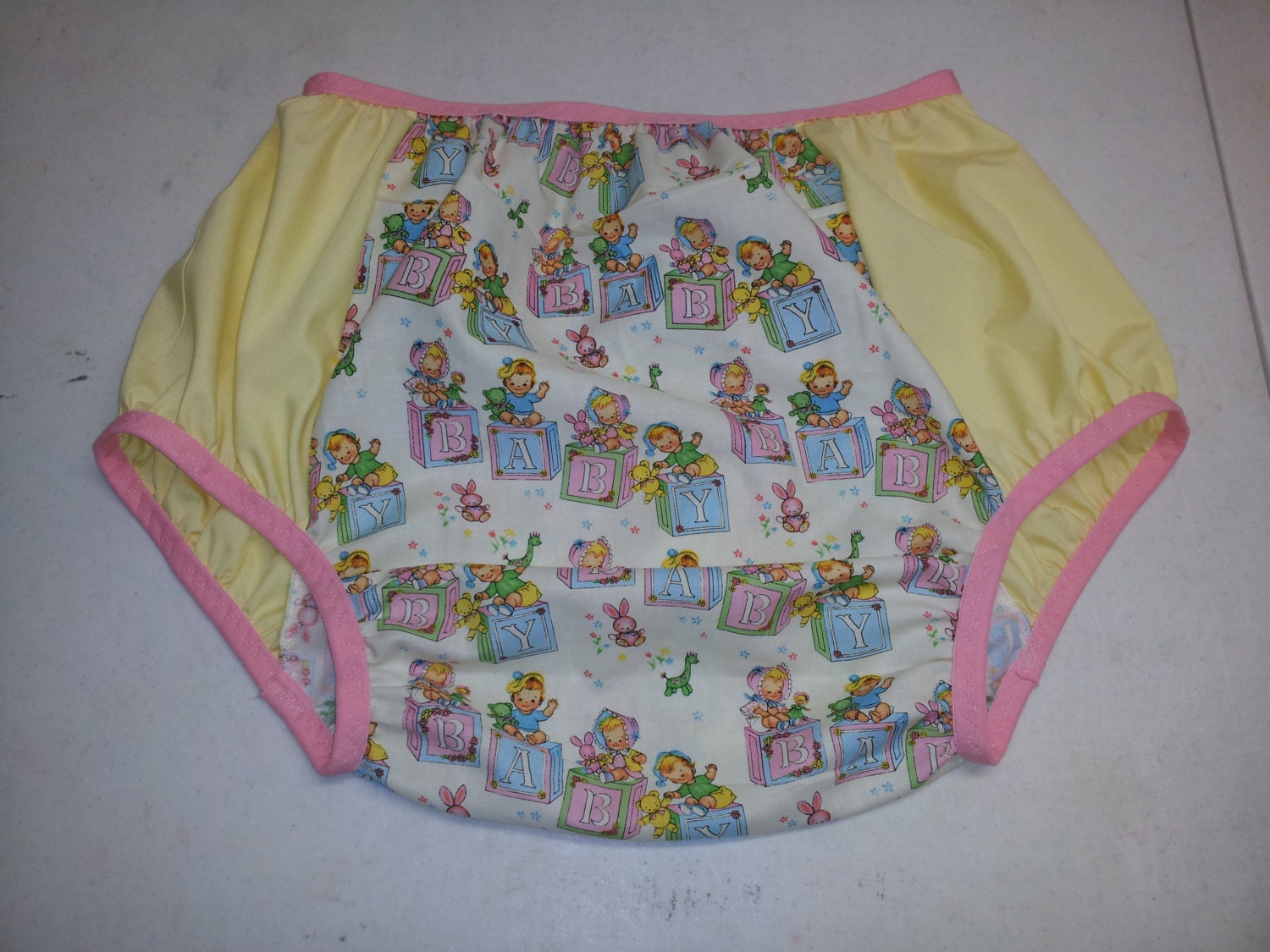 Adult Baby Bottoms Vintage Style Nursery Print and Yellow