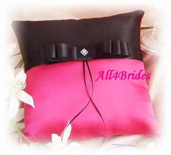 Wedding ring bearer pillow - hot pink fuchsia black pillow - weddings ceremony decor