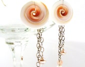 SALE, Pretty Pink Conch Shell Earrings, Oxidized Sterling Silver Chain Earrings, Pearls, Pink Coral, Handmade Unique Feminine Wedding