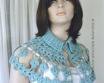 Sea Green Capelet, Spring Capelet, Capelet with Collar, Art Wear, Woman's Summer Capelet, Crocheted Cape, Aqua Cape