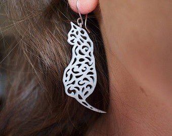 Cat Earrings Gift for Her, Cat Lovers Silver Gray Cat Jewelry