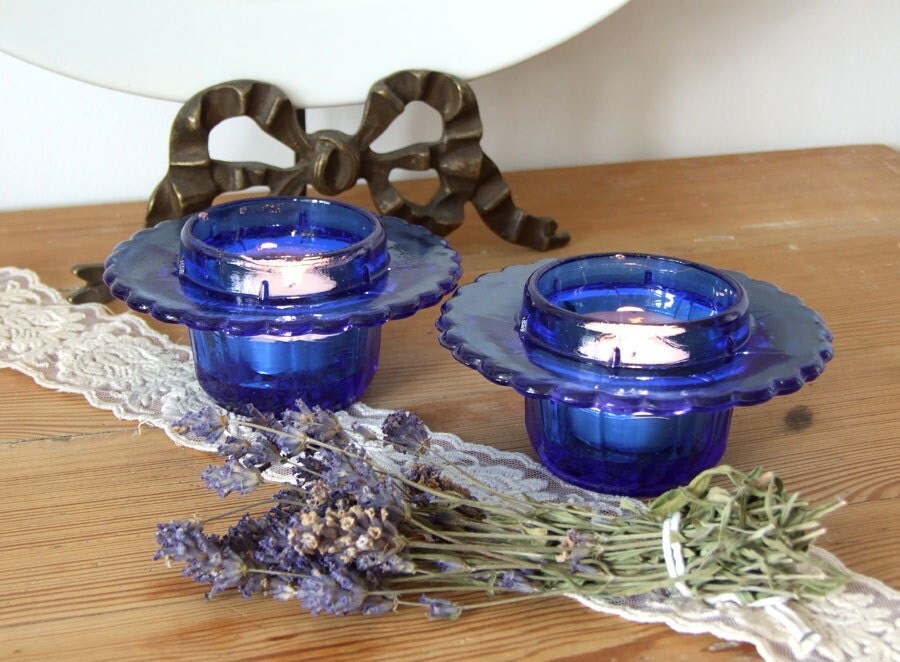 Pair Of Vintage Cobalt Blue Candle Holders Pressed Glass